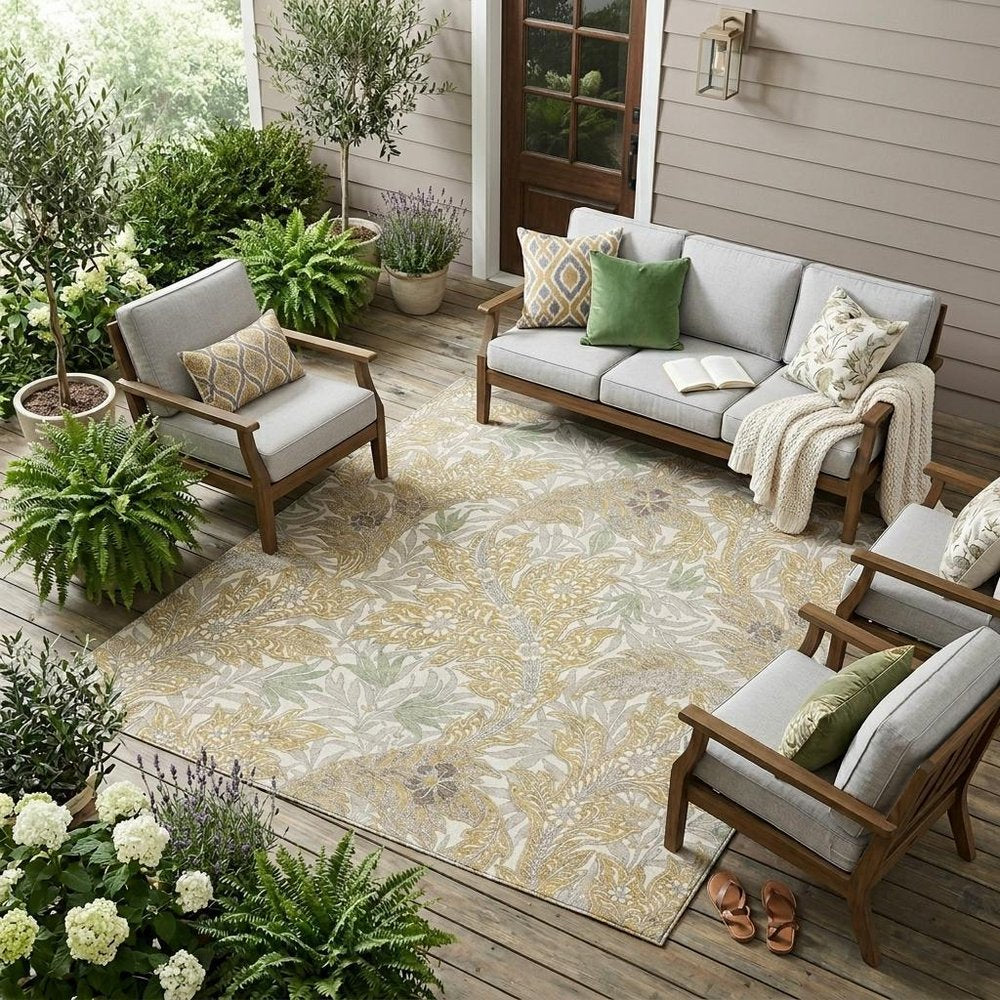 10' X 14' Gold And Silver Botanical Leaves Washable Indoor Outdoor Area Rug HomeRoots
