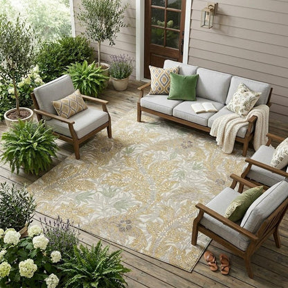 10' X 14' Gold And Silver Botanical Leaves Washable Indoor Outdoor Area Rug HomeRoots