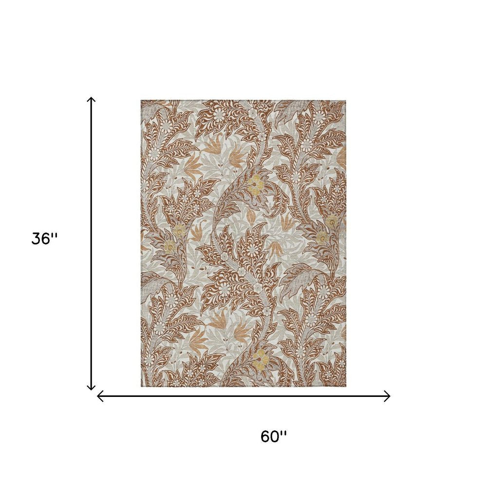3' X 5' Orange And Khaki Botanical Leaves Washable Indoor Outdoor Area Rug HomeRoots