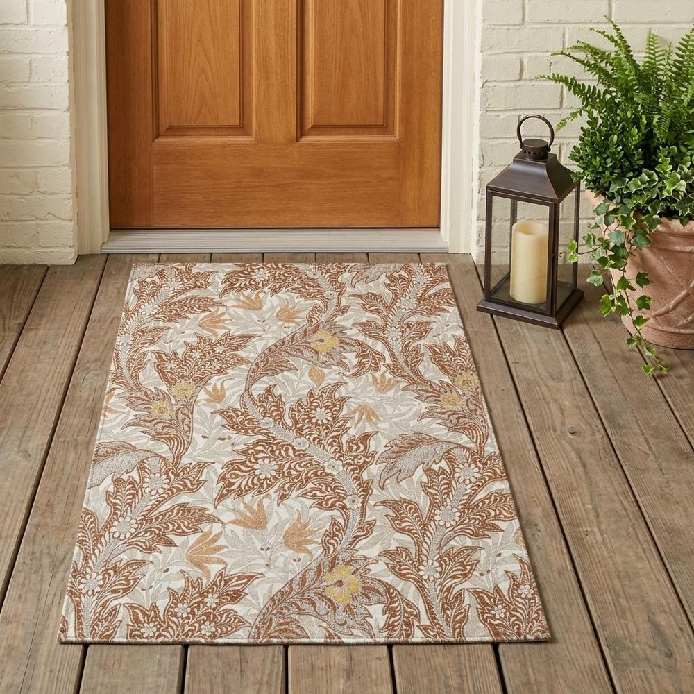 3' X 5' Orange And Khaki Botanical Leaves Washable Indoor Outdoor Area Rug HomeRoots