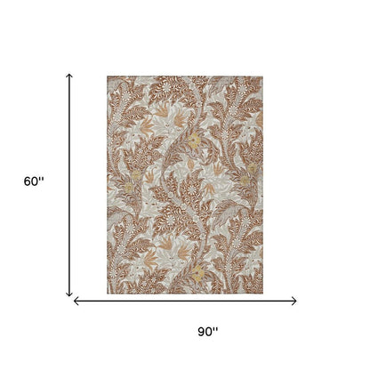 5' X 8' Orange And Khaki Botanical Leaves Washable Indoor Outdoor Area Rug HomeRoots