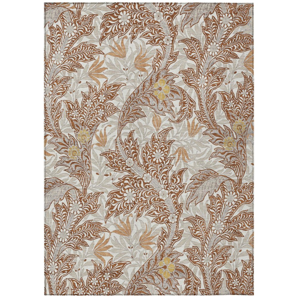 5' X 8' Orange And Khaki Botanical Leaves Washable Indoor Outdoor Area Rug HomeRoots