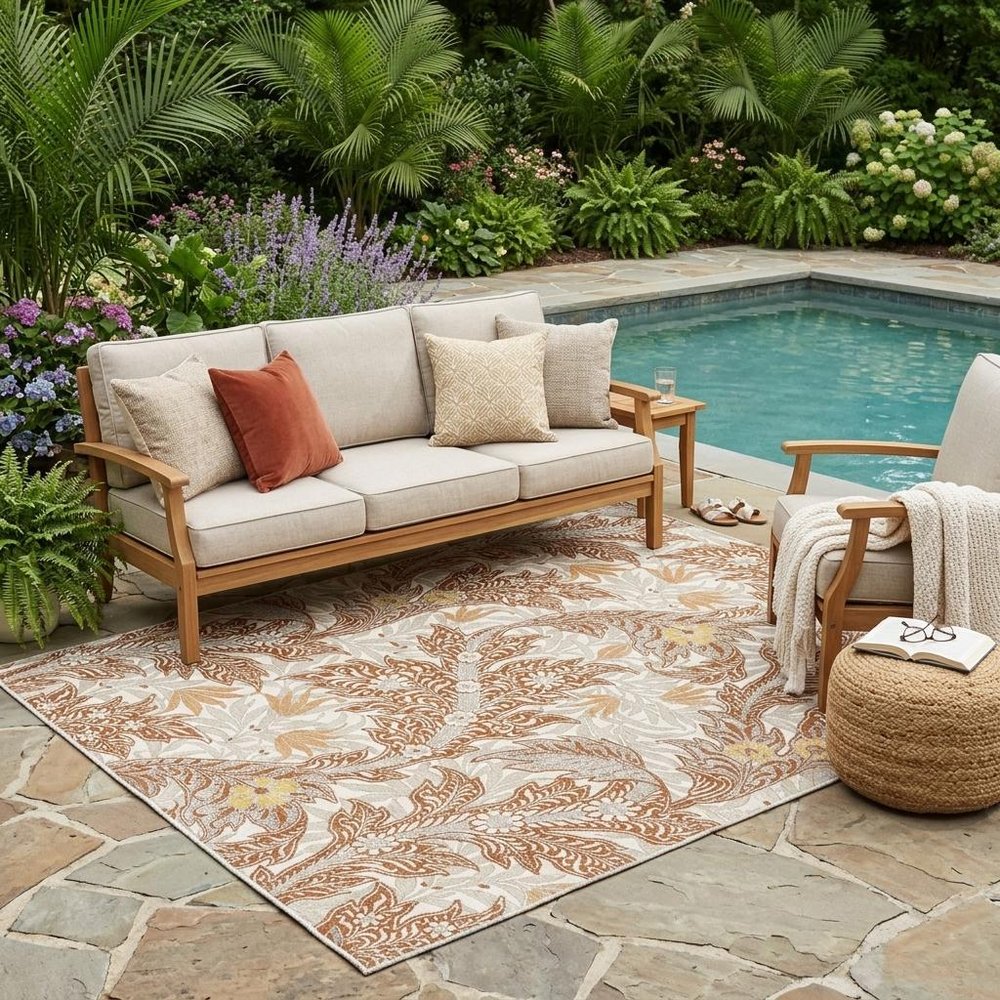 5' X 8' Orange And Khaki Botanical Leaves Washable Indoor Outdoor Area Rug HomeRoots