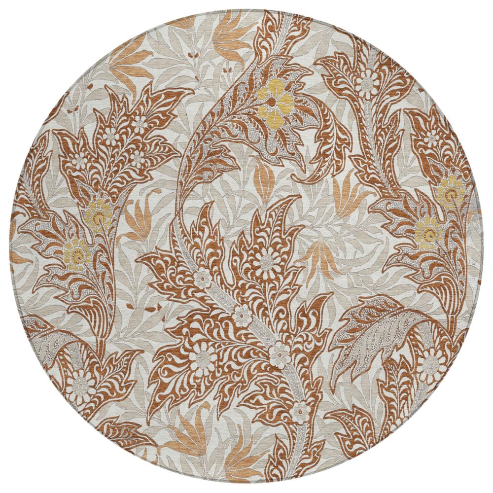 8' Orange And Khaki Round Botanical Leaves Washable Indoor Outdoor Area Rug — view 1