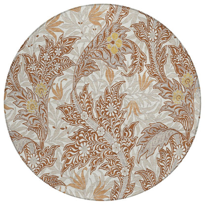 8' Orange And Khaki Round Botanical Leaves Washable Indoor Outdoor Area Rug HomeRoots