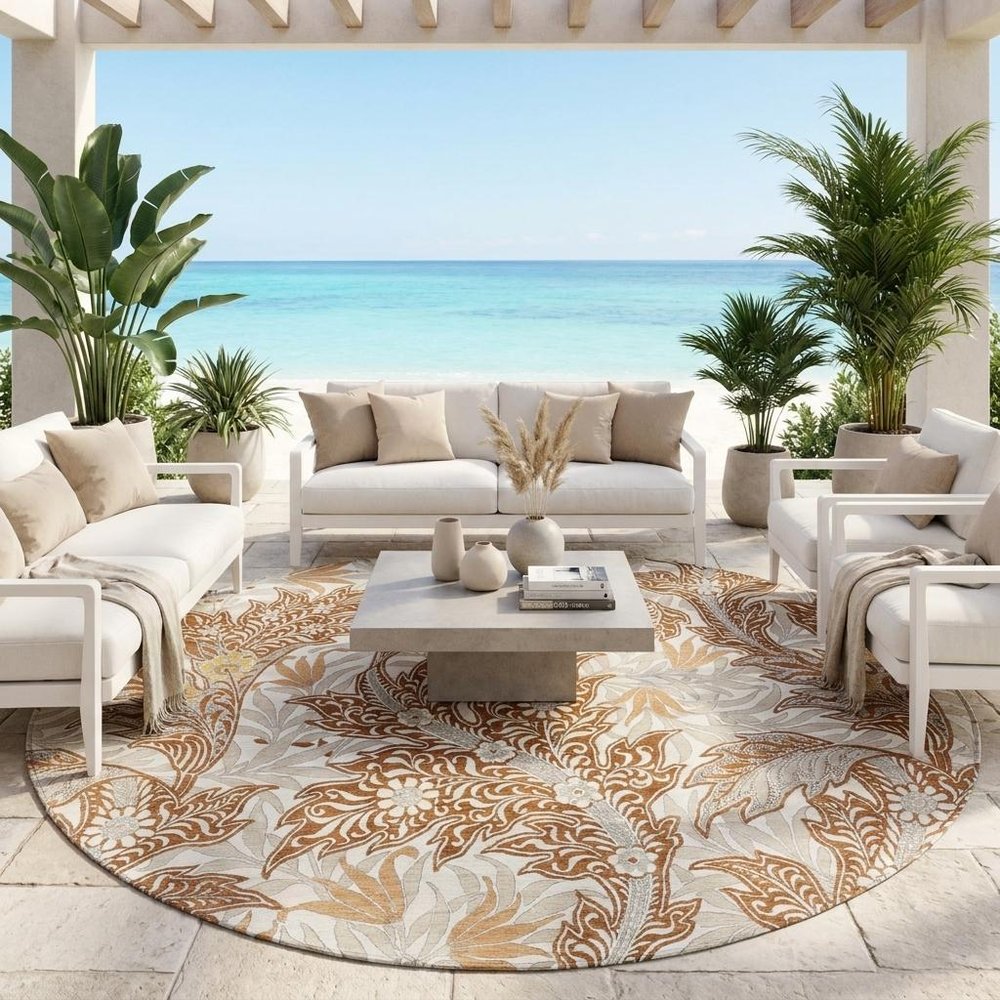 8' Orange And Khaki Round Botanical Leaves Washable Indoor Outdoor Area Rug HomeRoots