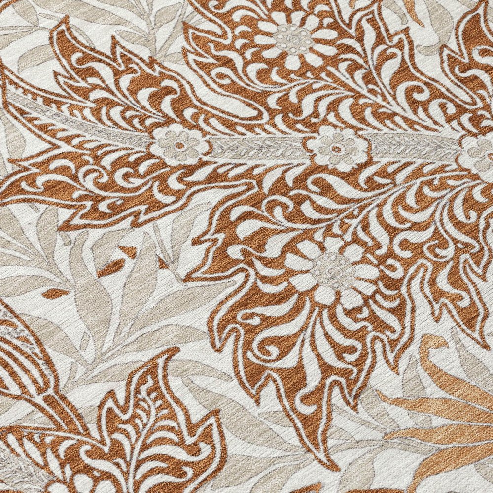 8' Orange And Khaki Round Botanical Leaves Washable Indoor Outdoor Area Rug HomeRoots