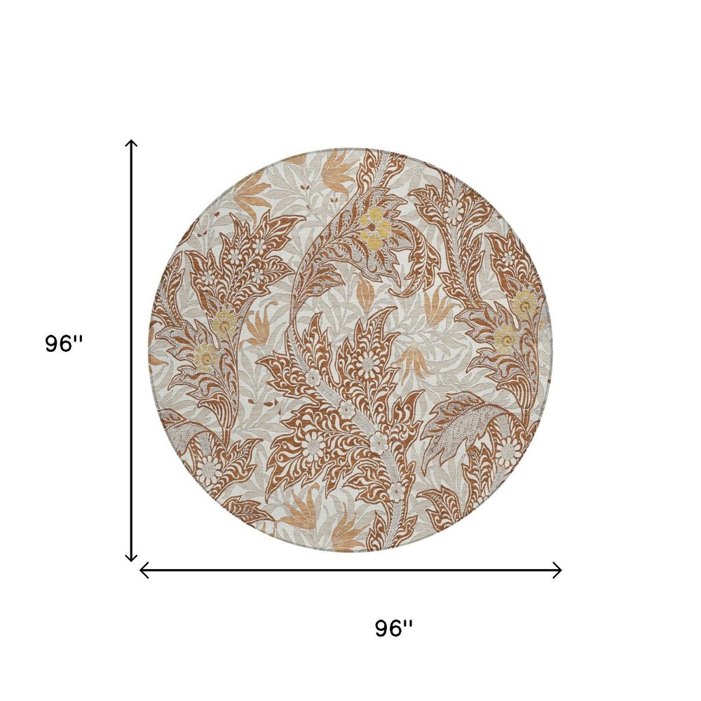 8' Orange And Khaki Round Botanical Leaves Washable Indoor Outdoor Area Rug — view 4