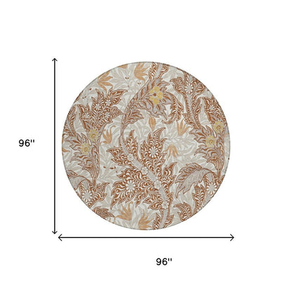 8' Orange And Khaki Round Botanical Leaves Washable Indoor Outdoor Area Rug HomeRoots