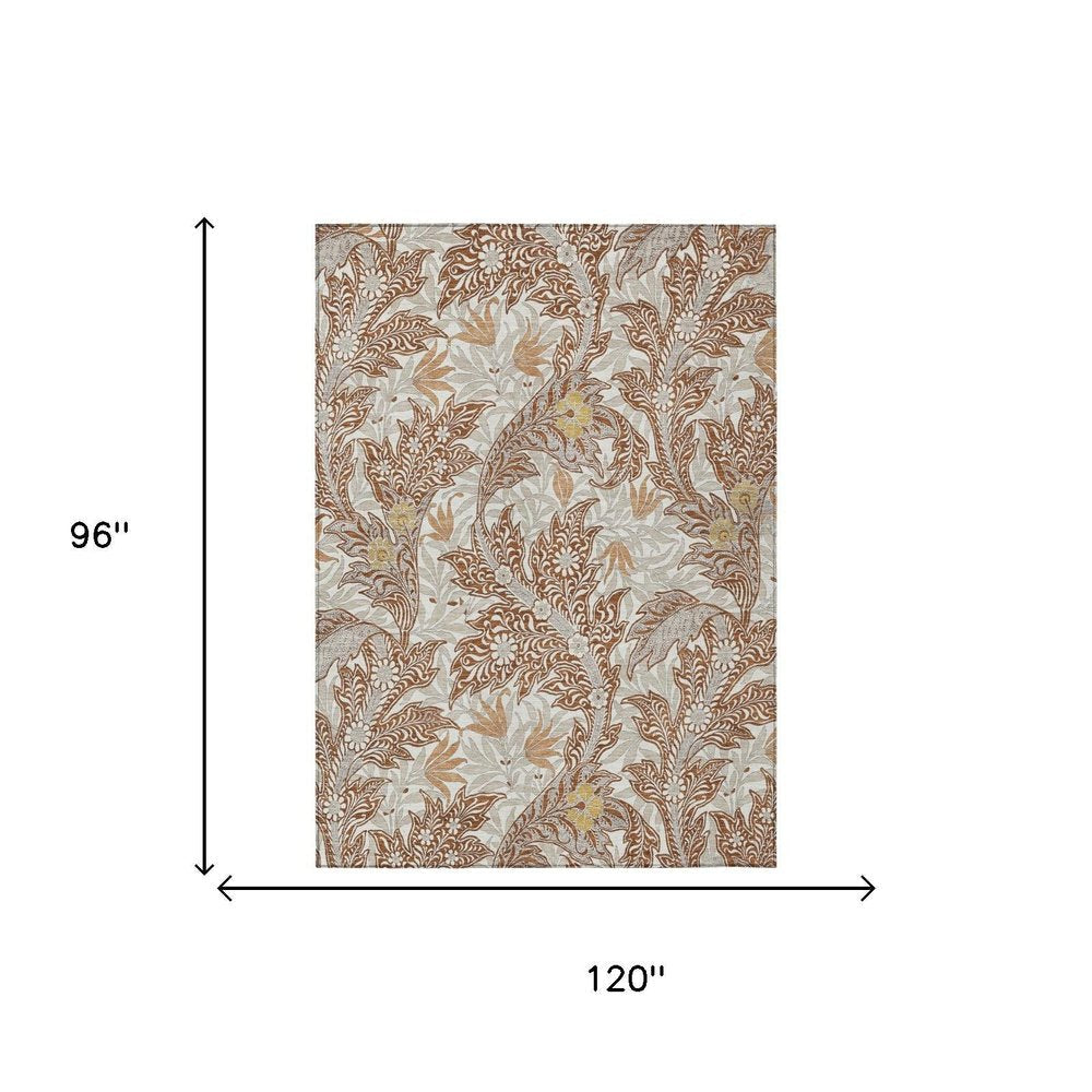8' X 10' Orange And Khaki Botanical Leaves Washable Indoor Outdoor Area Rug HomeRoots