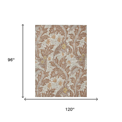 8' X 10' Orange And Khaki Botanical Leaves Washable Indoor Outdoor Area Rug HomeRoots