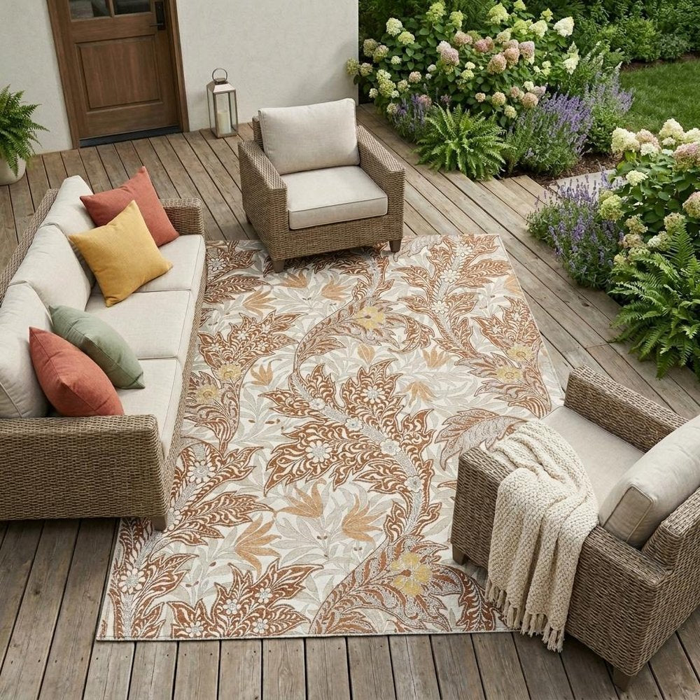 8' X 10' Orange And Khaki Botanical Leaves Washable Indoor Outdoor Area Rug HomeRoots