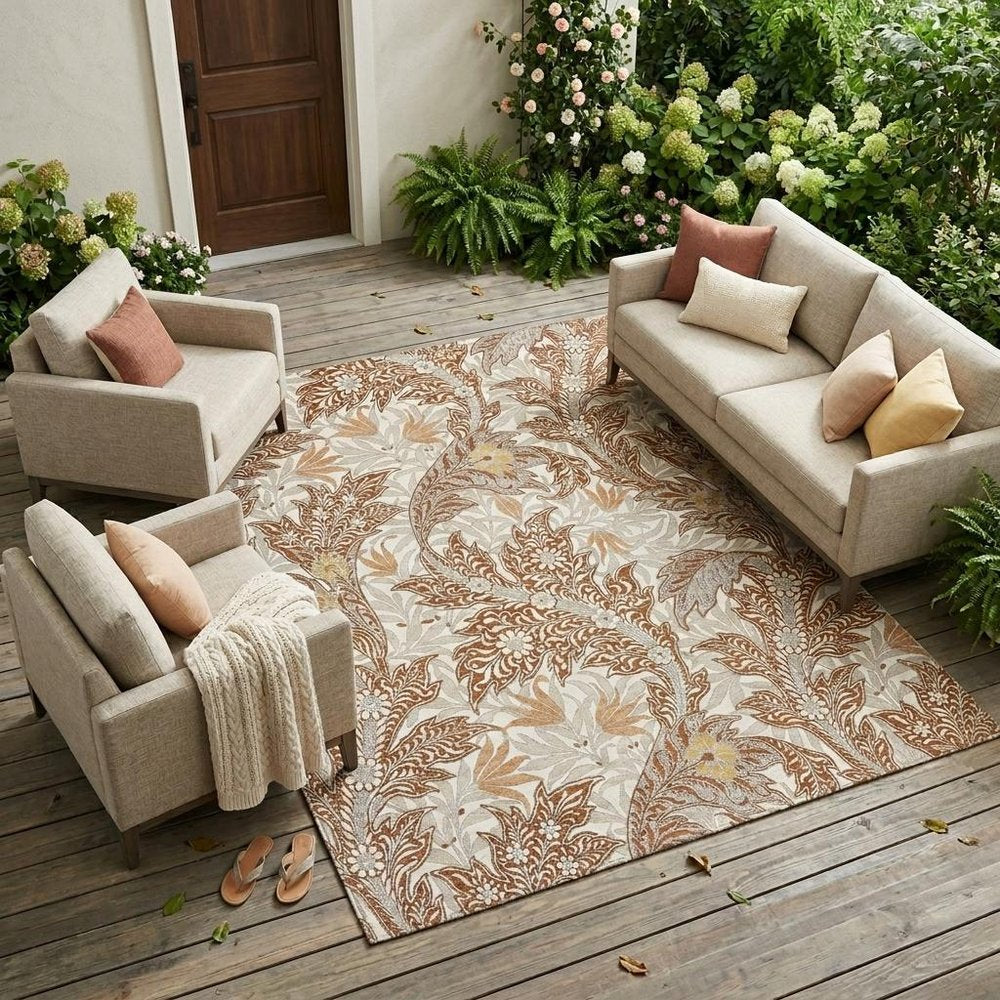 9' X 12' Orange And Khaki Botanical Leaves Washable Indoor Outdoor Area Rug — view 5