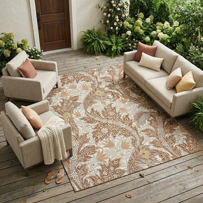 9' X 12' Orange And Khaki Botanical Leaves Washable Indoor Outdoor Area Rug HomeRoots