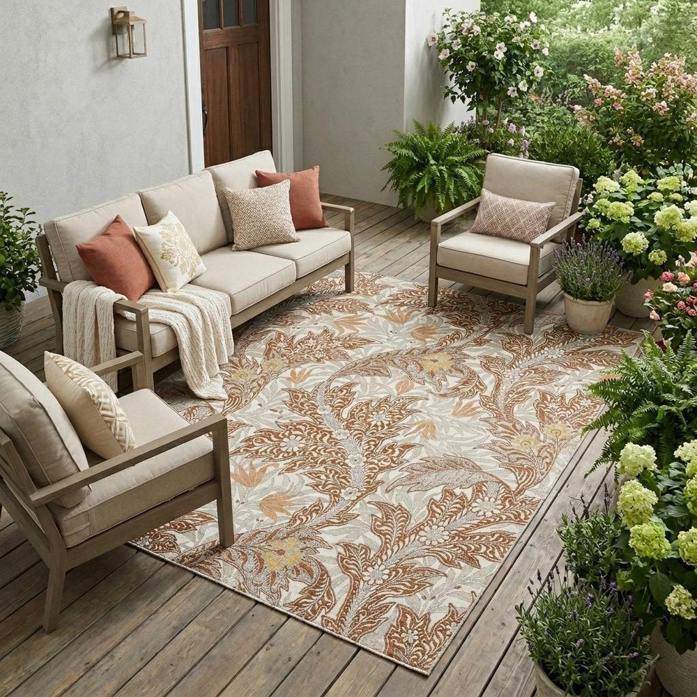 10' X 14' Orange And Khaki Botanical Leaves Washable Indoor Outdoor Area Rug HomeRoots