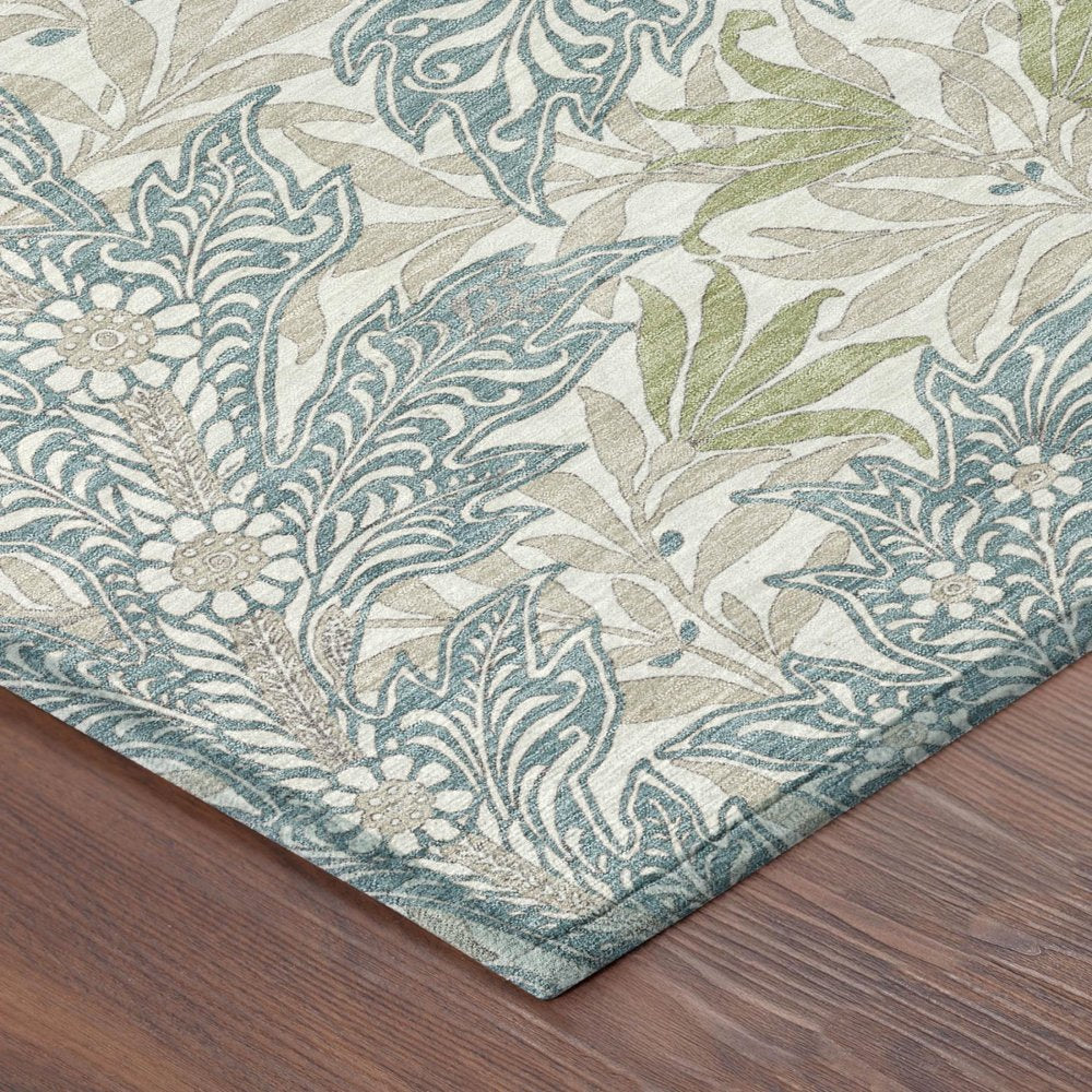 3' X 5' Teal Blue And Pewter Botanical Leaves Washable Indoor Outdoor Area Rug — view 2