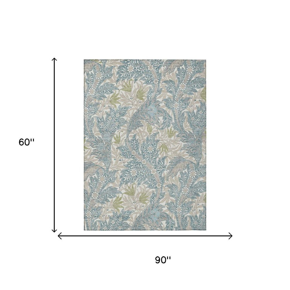5' X 8' Teal Blue And Pewter Botanical Leaves Washable Indoor Outdoor Area Rug HomeRoots
