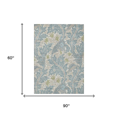 5' X 8' Teal Blue And Pewter Botanical Leaves Washable Indoor Outdoor Area Rug HomeRoots