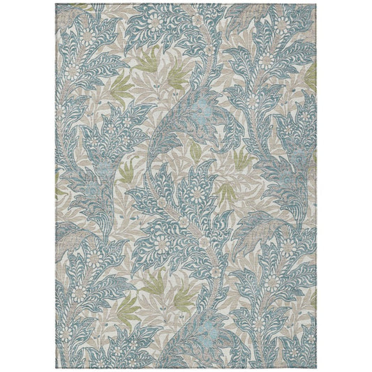 5' X 8' Teal Blue And Pewter Botanical Leaves Washable Indoor Outdoor Area Rug
