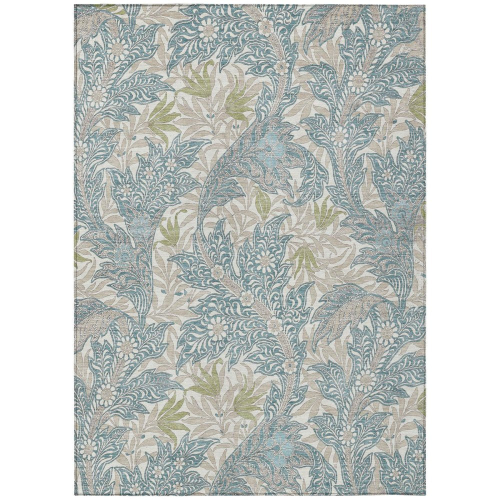 5' X 8' Teal Blue And Pewter Botanical Leaves Washable Indoor Outdoor Area Rug — view 2