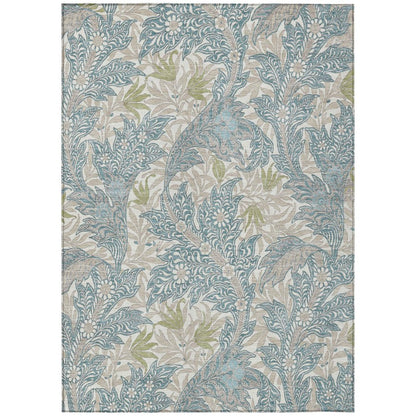 5' X 8' Teal Blue And Pewter Botanical Leaves Washable Indoor Outdoor Area Rug HomeRoots