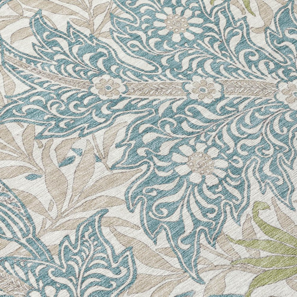 5' X 8' Teal Blue And Pewter Botanical Leaves Washable Indoor Outdoor Area Rug HomeRoots