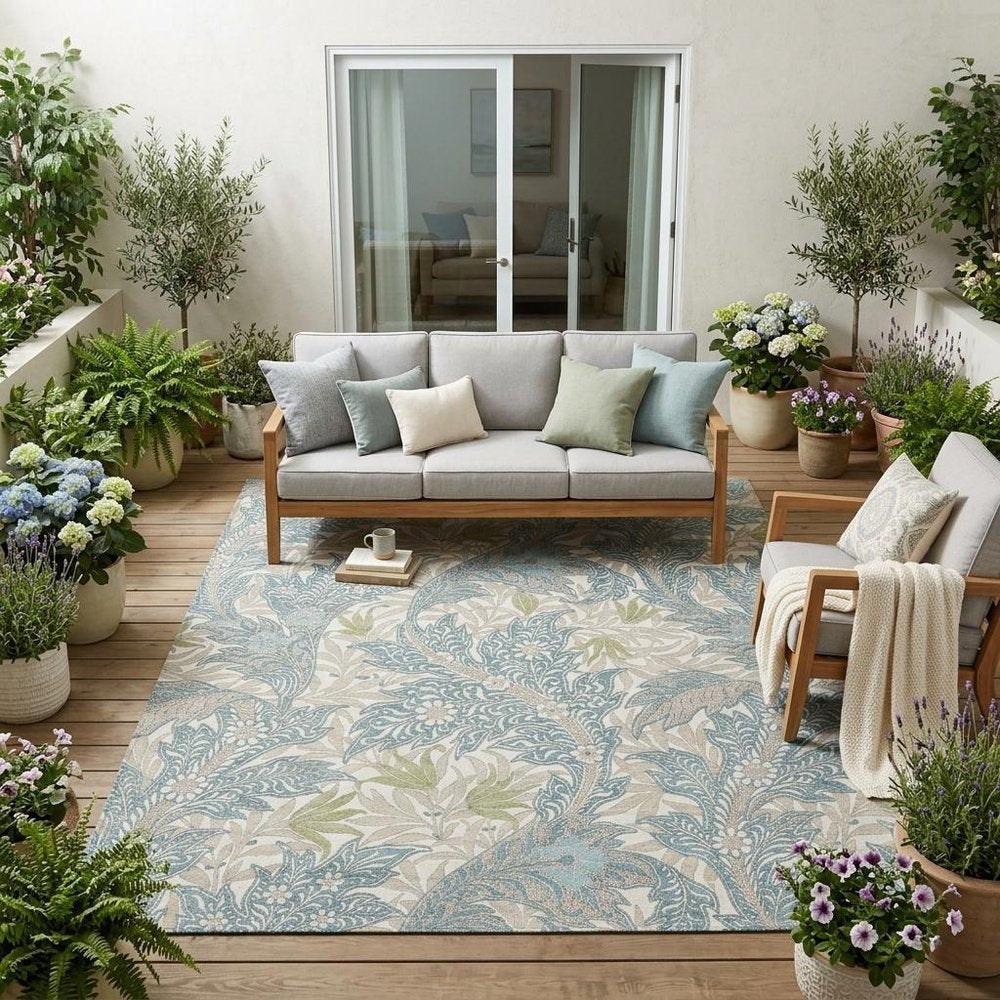 5' X 8' Teal Blue And Pewter Botanical Leaves Washable Indoor Outdoor Area Rug HomeRoots