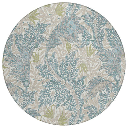 8' Teal Blue And Pewter Round Botanical Leaves Washable Indoor Outdoor Area Rug HomeRoots