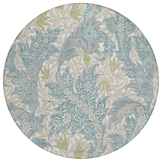8' Teal Blue And Pewter Round Botanical Leaves Washable Indoor Outdoor Area Rug