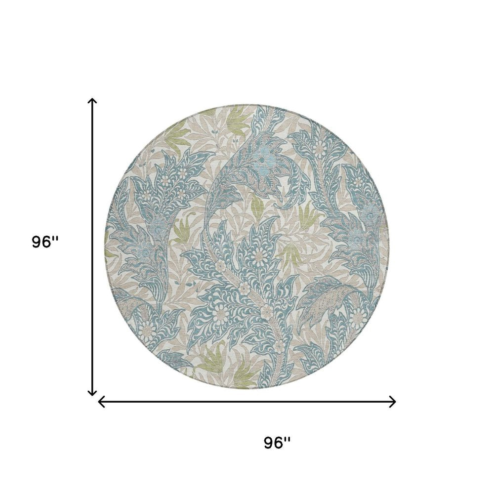 8' Teal Blue And Pewter Round Botanical Leaves Washable Indoor Outdoor Area Rug HomeRoots