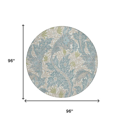 8' Teal Blue And Pewter Round Botanical Leaves Washable Indoor Outdoor Area Rug HomeRoots