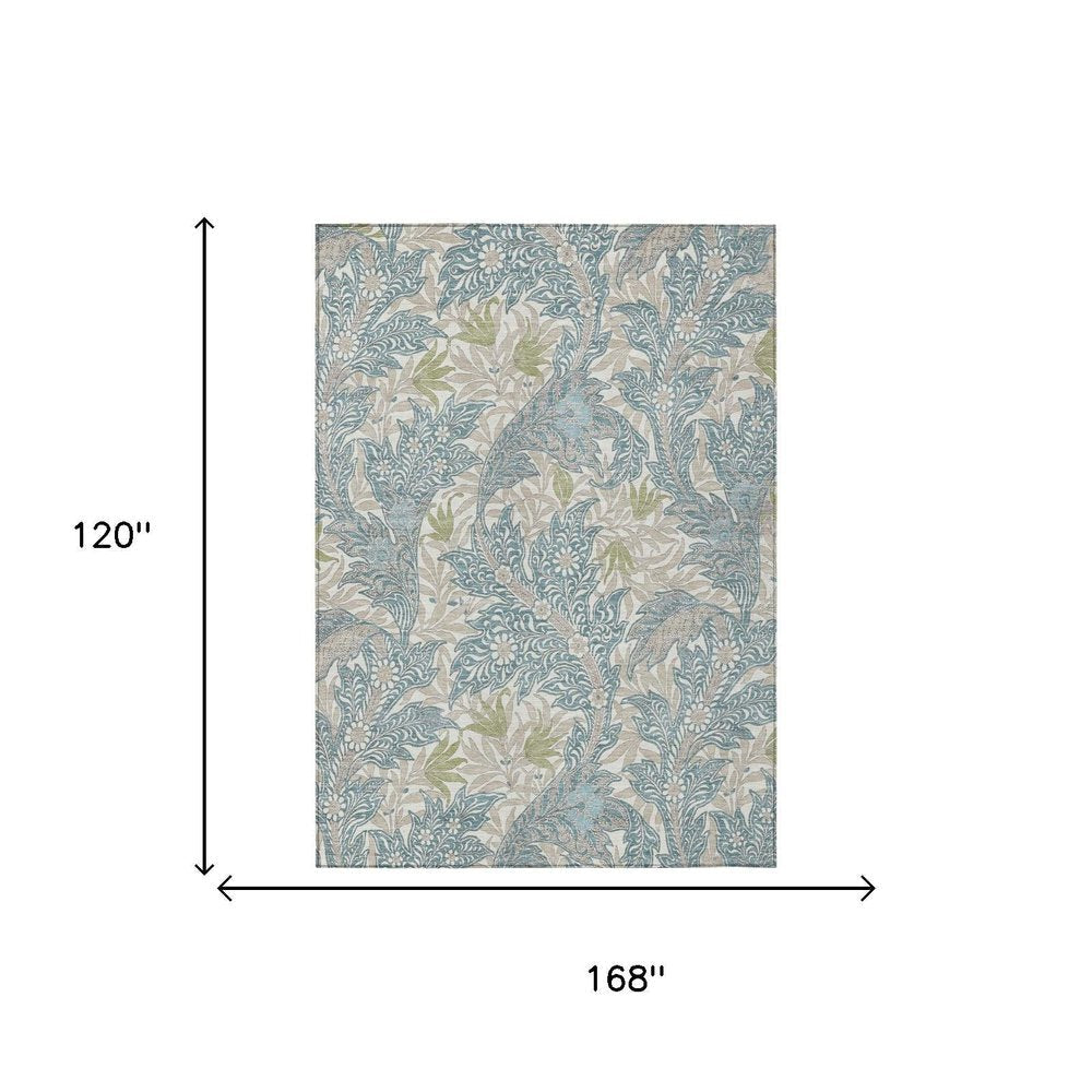 10' X 14' Teal Blue And Pewter Botanical Leaves Washable Indoor Outdoor Area Rug HomeRoots