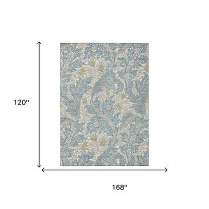 10' X 14' Teal Blue And Pewter Botanical Leaves Washable Indoor Outdoor Area Rug HomeRoots