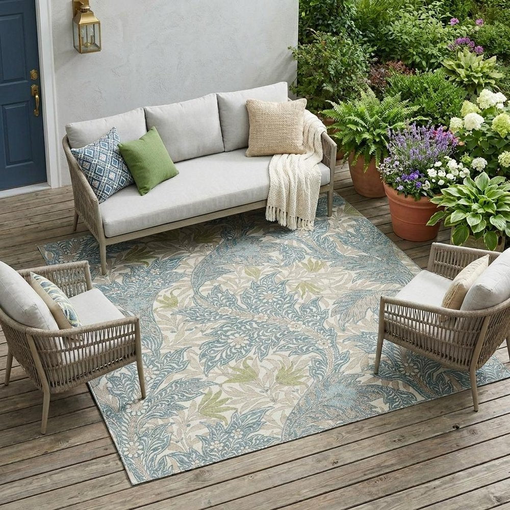 10' X 14' Teal Blue And Pewter Botanical Leaves Washable Indoor Outdoor Area Rug — view 5