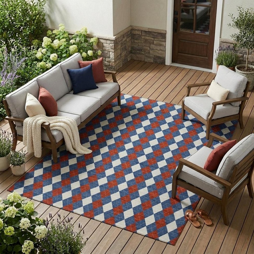 8' X 10' Blue And Ivory Geometric Washable Indoor Outdoor Area Rug — view 5