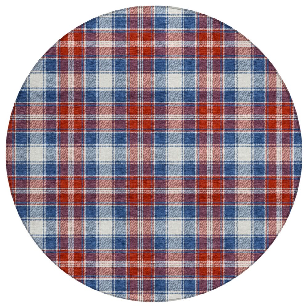 8' Blue And Ivory Round Geometric Washable Indoor Outdoor Area Rug — view 1