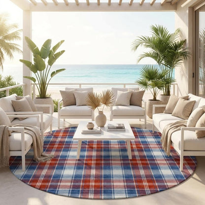 8' Blue And Ivory Round Geometric Washable Indoor Outdoor Area Rug HomeRoots