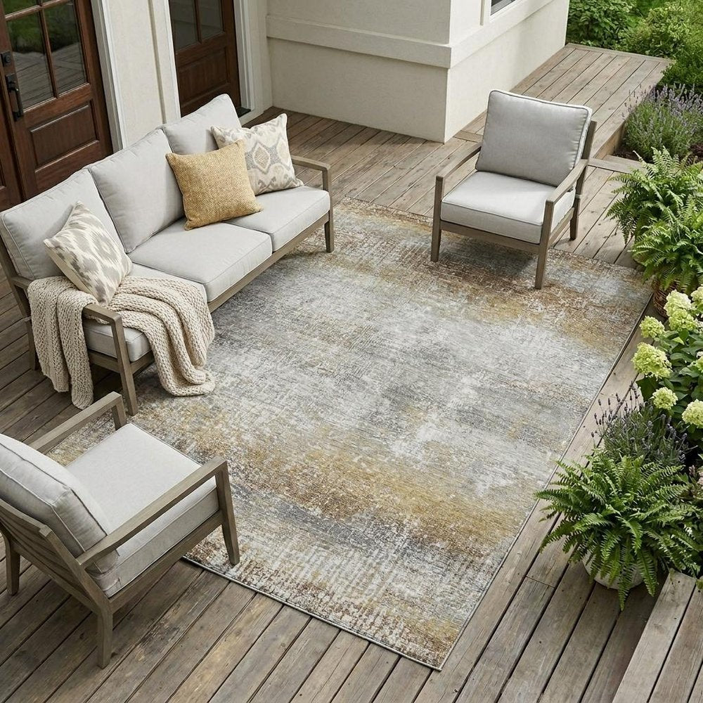 10' X 14' Gray And Khaki Abstract Washable Indoor Outdoor Area Rug — view 5