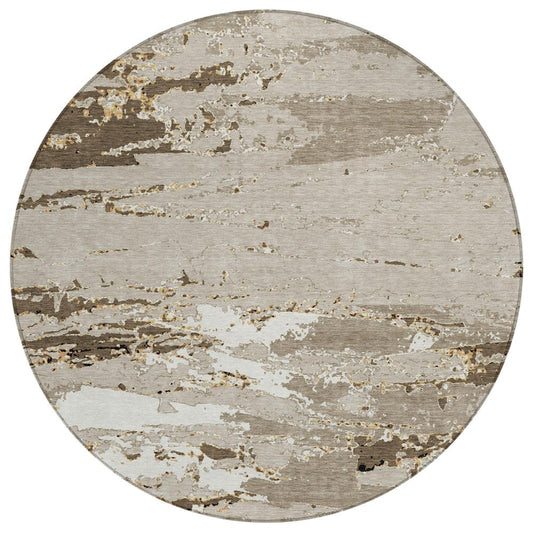 8' Beige And Brown Round Abstract Washable Indoor Outdoor Area Rug