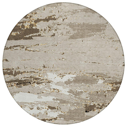 8' Beige And Brown Round Abstract Washable Indoor Outdoor Area Rug