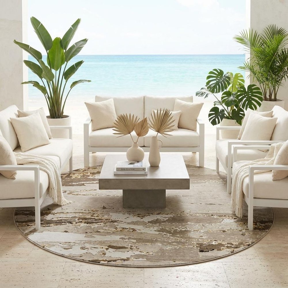 8' Beige And Brown Round Abstract Washable Indoor Outdoor Area Rug HomeRoots