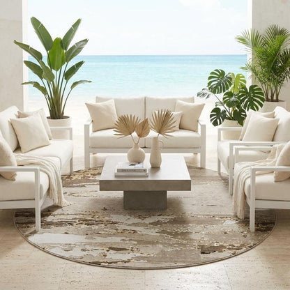 8' Beige And Brown Round Abstract Washable Indoor Outdoor Area Rug HomeRoots