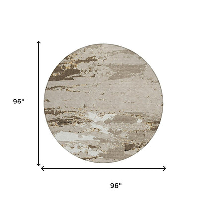 8' Beige And Brown Round Abstract Washable Indoor Outdoor Area Rug