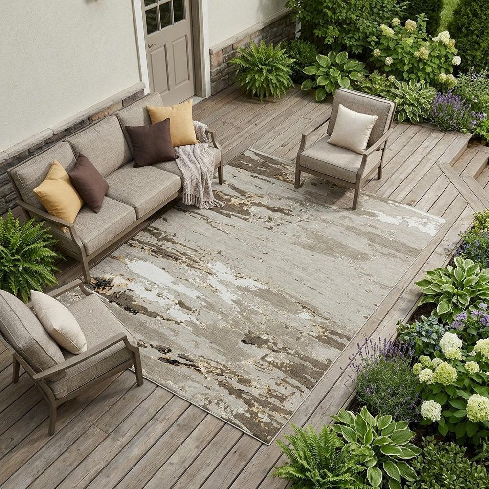 9' X 12' Beige And Brown Abstract Washable Indoor Outdoor Area Rug — view 5