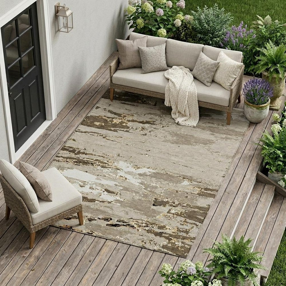 10' X 14' Beige And Brown Abstract Washable Indoor Outdoor Area Rug — view 5