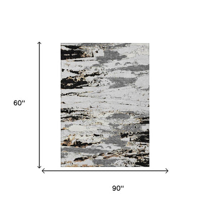 5' X 8' Black And Gray Abstract Washable Indoor Outdoor Area Rug