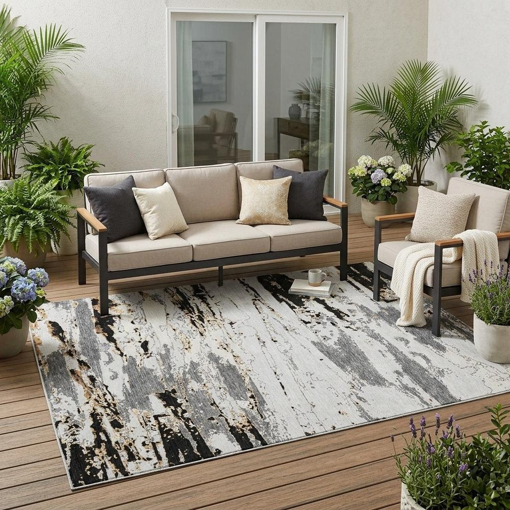 5' X 8' Black And Gray Abstract Washable Indoor Outdoor Area Rug — view 5