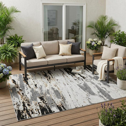 5' X 8' Black And Gray Abstract Washable Indoor Outdoor Area Rug