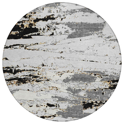 8' Black And Gray Round Abstract Washable Indoor Outdoor Area Rug