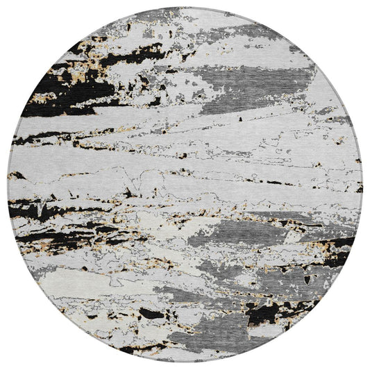 8' Black And Gray Round Abstract Washable Indoor Outdoor Area Rug